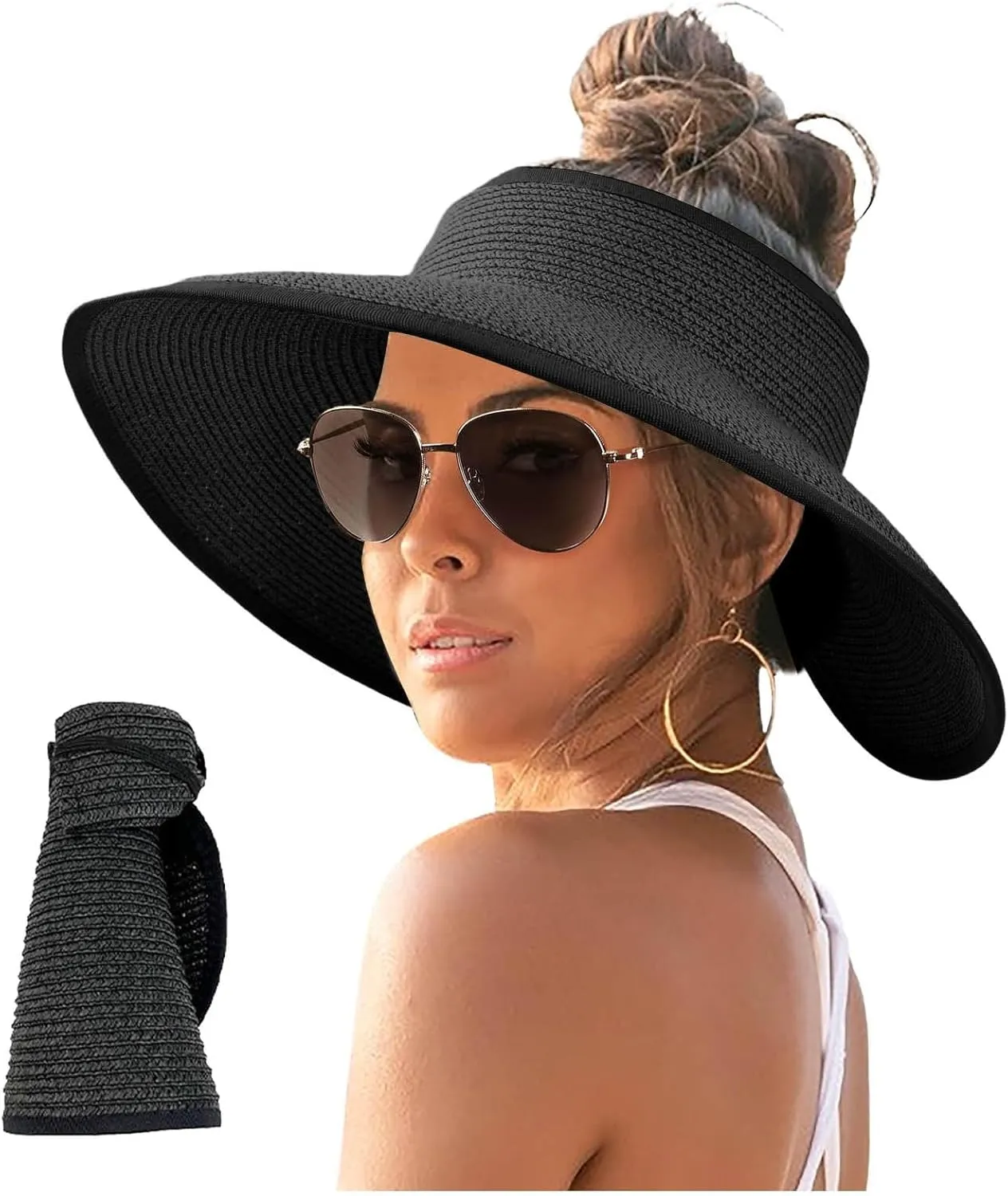 Sun Visor Hats for Women Wide Brim Straw Roll-Up Ponytail Summer Beach Hat UV UPF Packable Foldable Travel