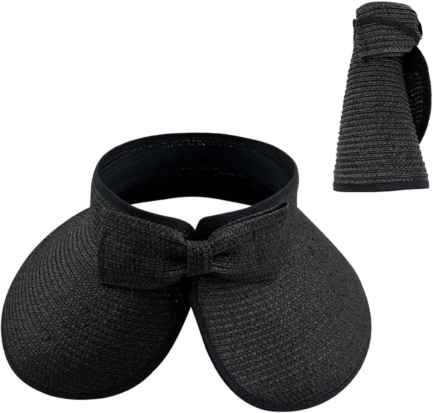 Sun Visor Hats for Women Wide Brim Straw Roll-Up Ponytail Summer Beach Hat UV UPF Packable Foldable Travel