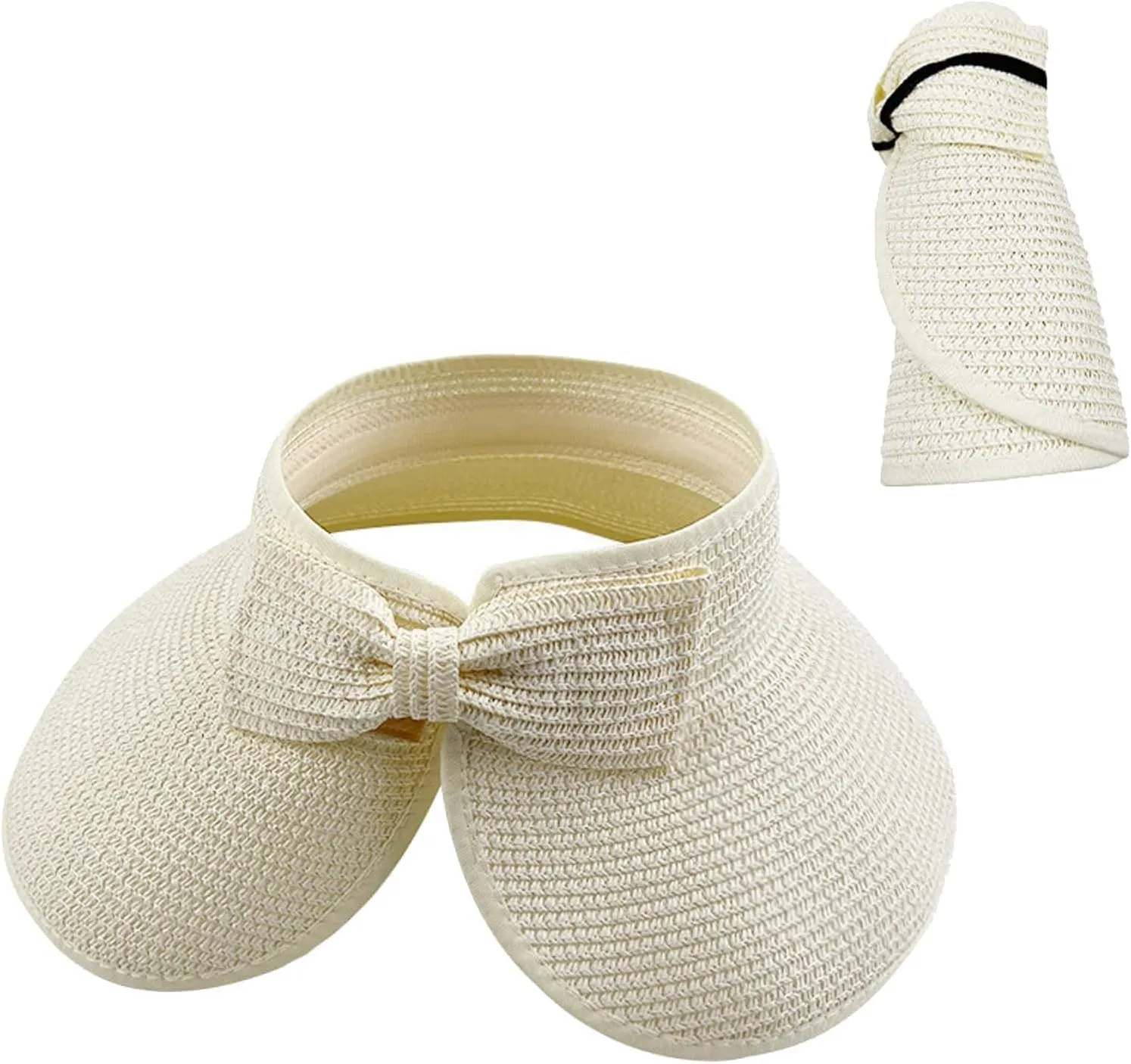 Sun Visor Hats for Women Wide Brim Straw Roll-Up Ponytail Summer Beach Hat UV UPF Packable Foldable Travel