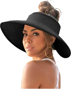 Sun Visor Hats for Women Wide Brim Straw Roll-Up Ponytail Summer Beach Hat UV UPF Packable Foldable Travel