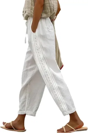 TIAFORD Women's Summer Casual Linen Pants Elastic Waist Relaxed Fit Straight Leg Crop Pants Beach Trousers with Pockets White