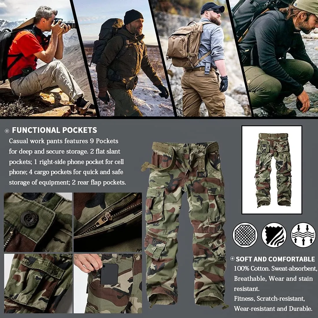 TRGPSG Cargo Pants for Men, Cotton Camo Casual Pants, Relaxed Fit Work Pants with Multi-Pocket