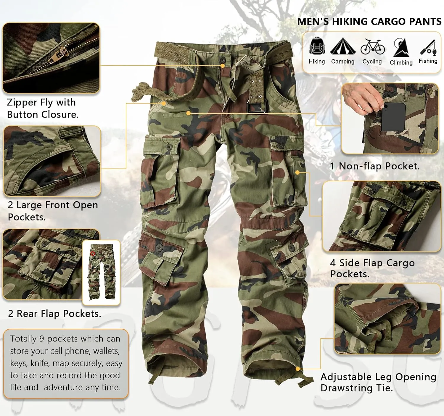 TRGPSG Cargo Pants for Men, Cotton Camo Casual Pants, Relaxed Fit Work Pants with Multi-Pocket