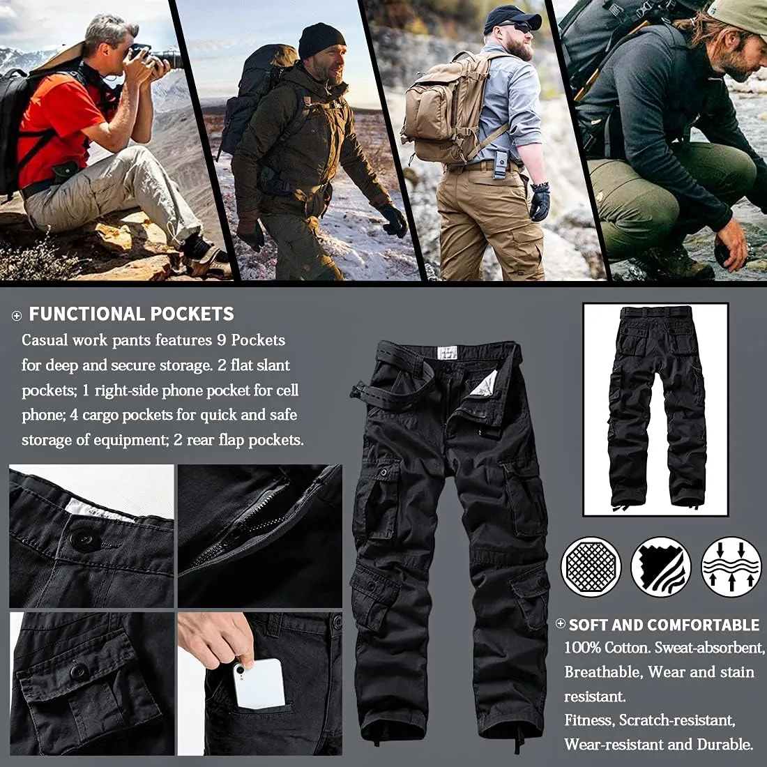 TRGPSG Cargo Pants for Men, Cotton Camo Casual Pants, Relaxed Fit Work Pants with Multi-Pocket