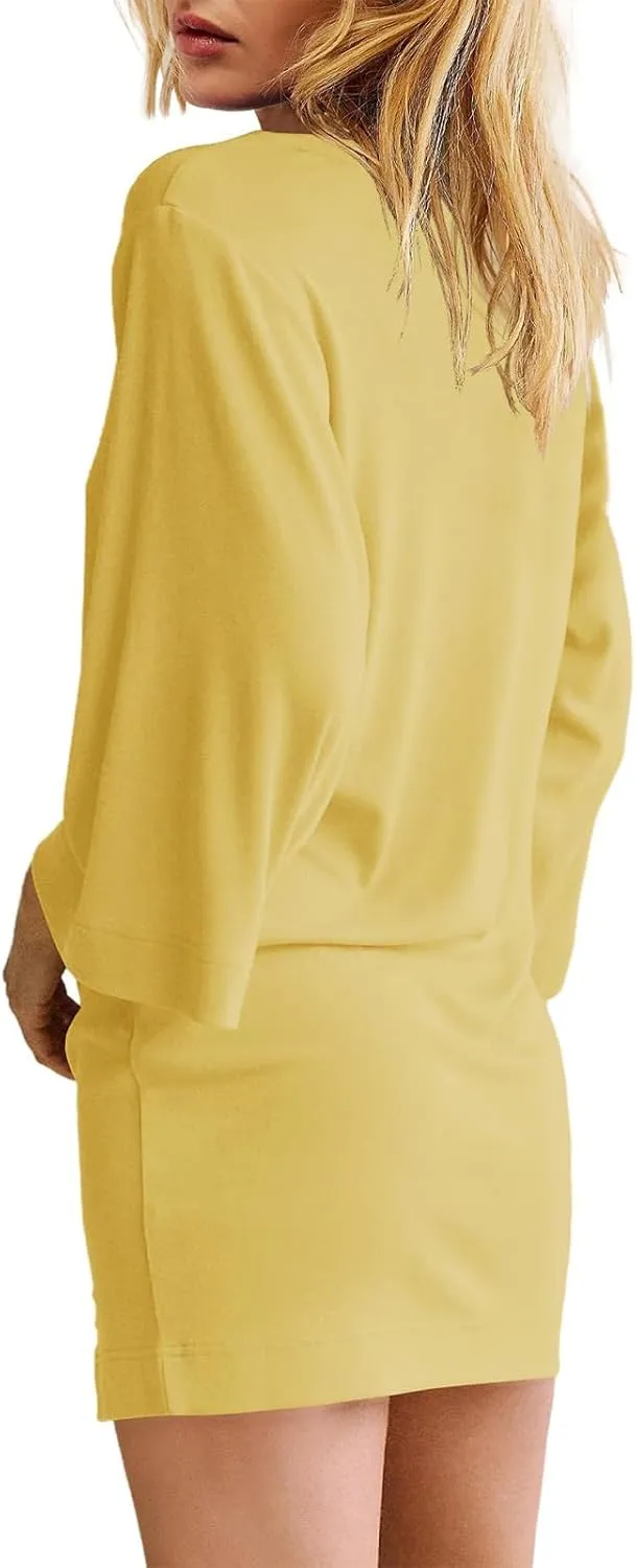 Tshirt Dress Women 3/4 Sleeve Crewneck Mimi Dresses Fit Slit Tee Dress Summer Casual Solid Color Dresses 2025