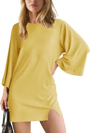Tshirt Dress Women 3/4 Sleeve Crewneck Mimi Dresses Fit Slit Tee Dress Summer Casual Solid Color Dresses 2025