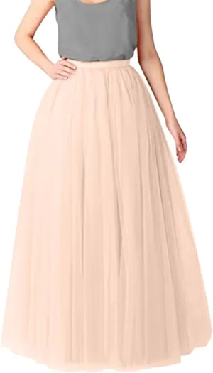 Tulle A-Line Maxi Skirts for Women Elastic Waisted Swing Tiered Mesh Pleated Long Skirt for Dancing