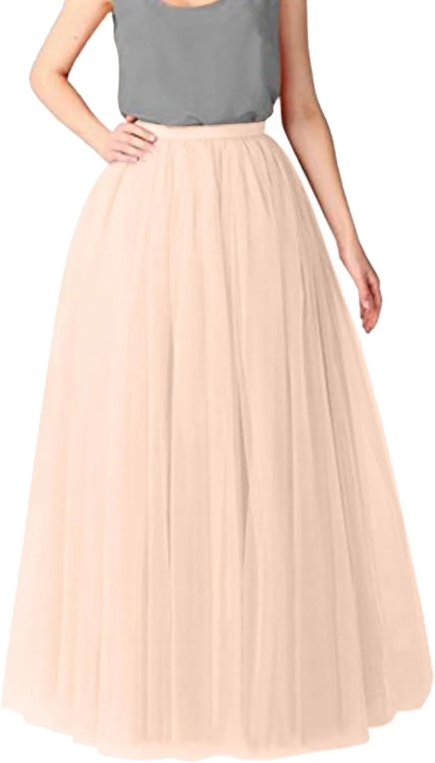 Tulle A-Line Maxi Skirts for Women Elastic Waisted Swing Tiered Mesh Pleated Long Skirt for Dancing