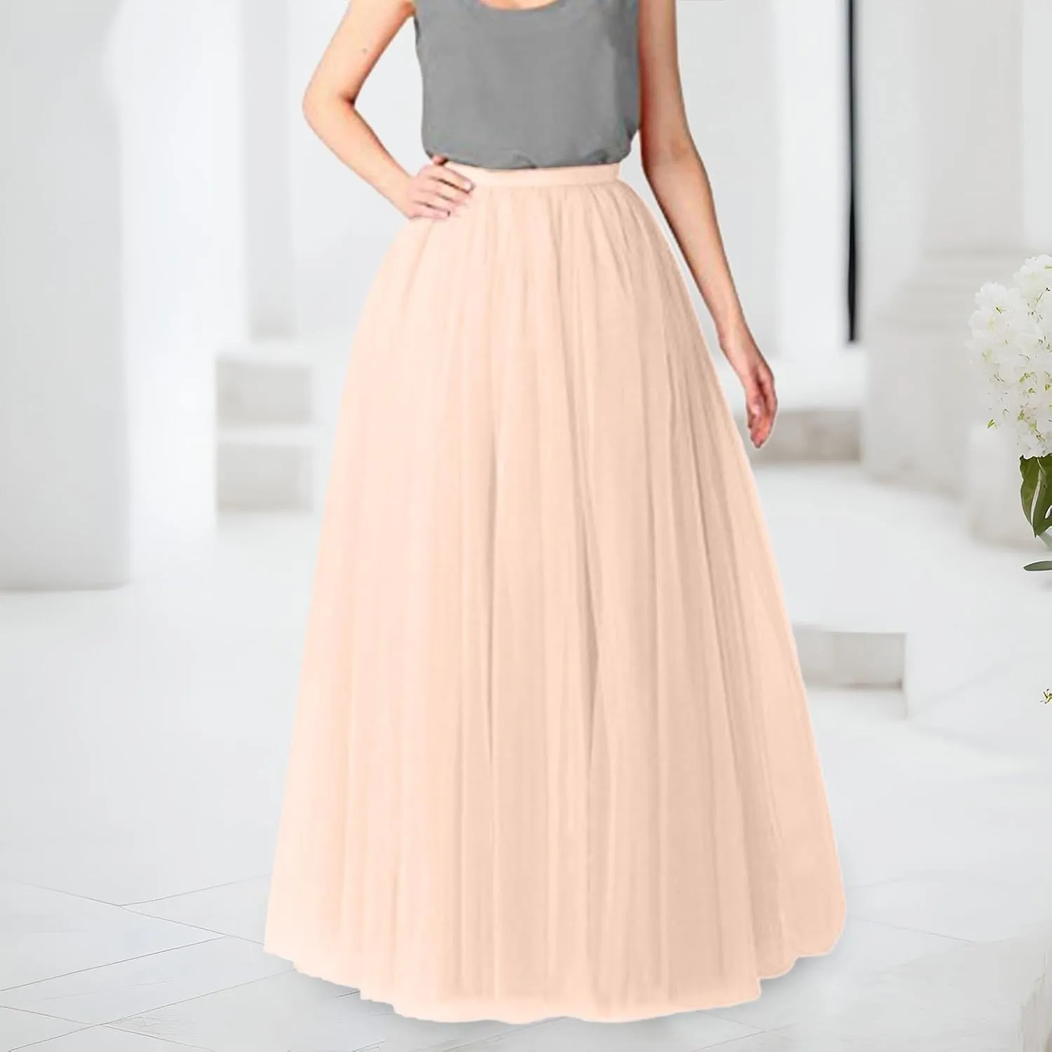 Tulle A-Line Maxi Skirts for Women Elastic Waisted Swing Tiered Mesh Pleated Long Skirt for Dancing