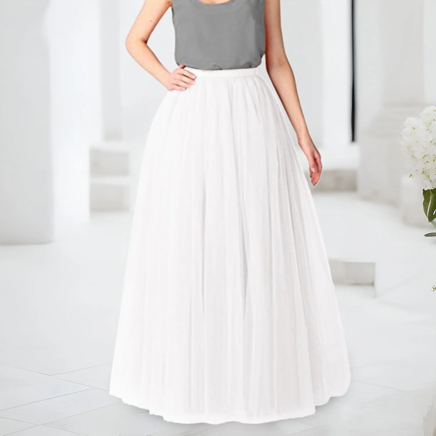 Tulle A-Line Maxi Skirts for Women Elastic Waisted Swing Tiered Mesh Pleated Long Skirt for Dancing