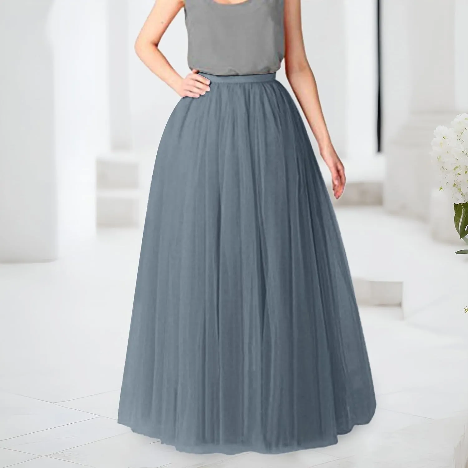 Tulle A-Line Maxi Skirts for Women Elastic Waisted Swing Tiered Mesh Pleated Long Skirt for Dancing
