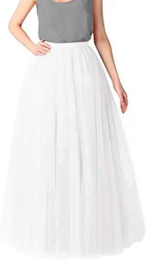 Tulle A-Line Maxi Skirts for Women Elastic Waisted Swing Tiered Mesh Pleated Long Skirt for Dancing