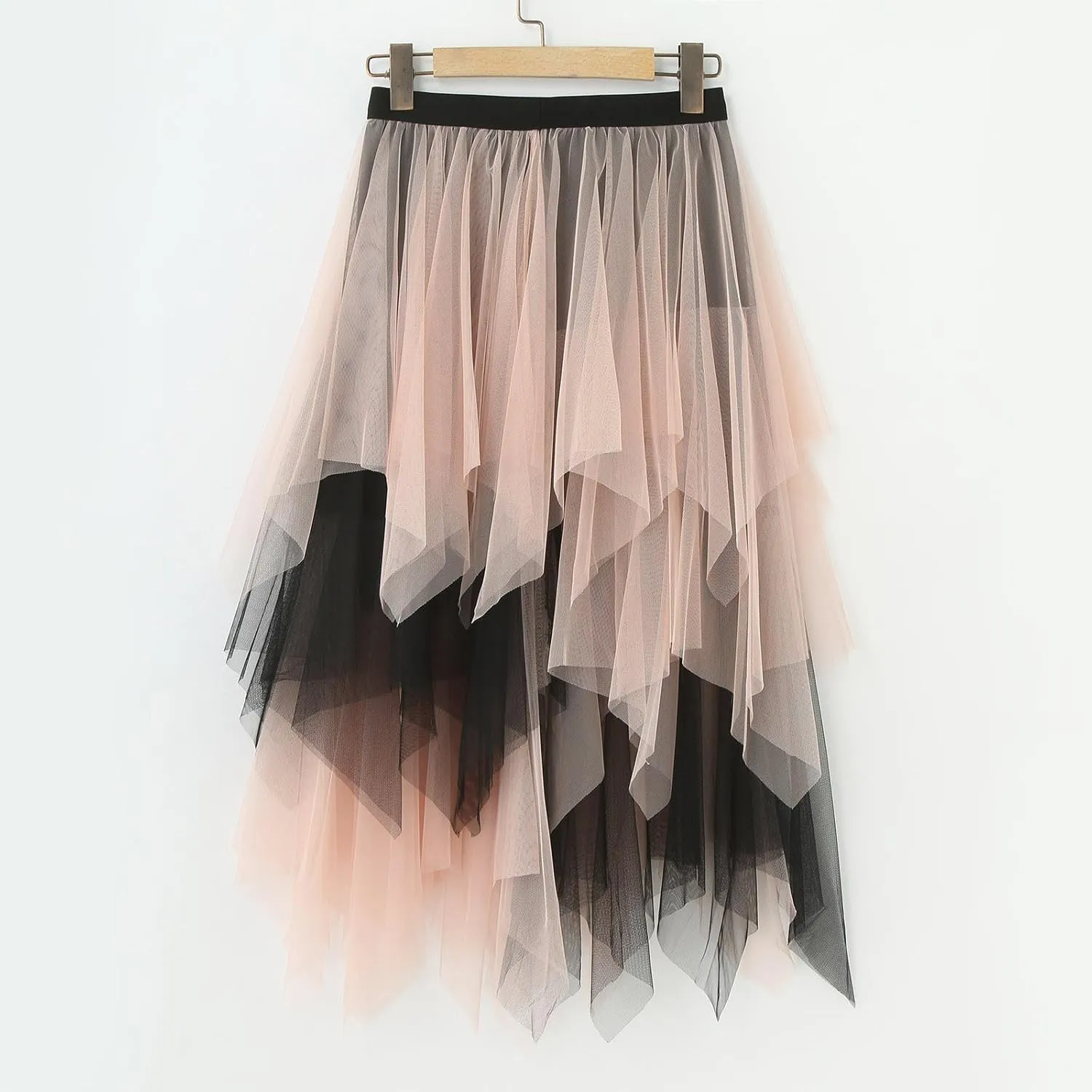 Tulle Midi Skirts for Women High Waisted Flowy Swing A Line Patchwork Asymmetrical Tiered Skirt