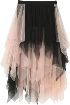 Tulle Midi Skirts for Women High Waisted Flowy Swing A Line Patchwork Asymmetrical Tiered Skirt