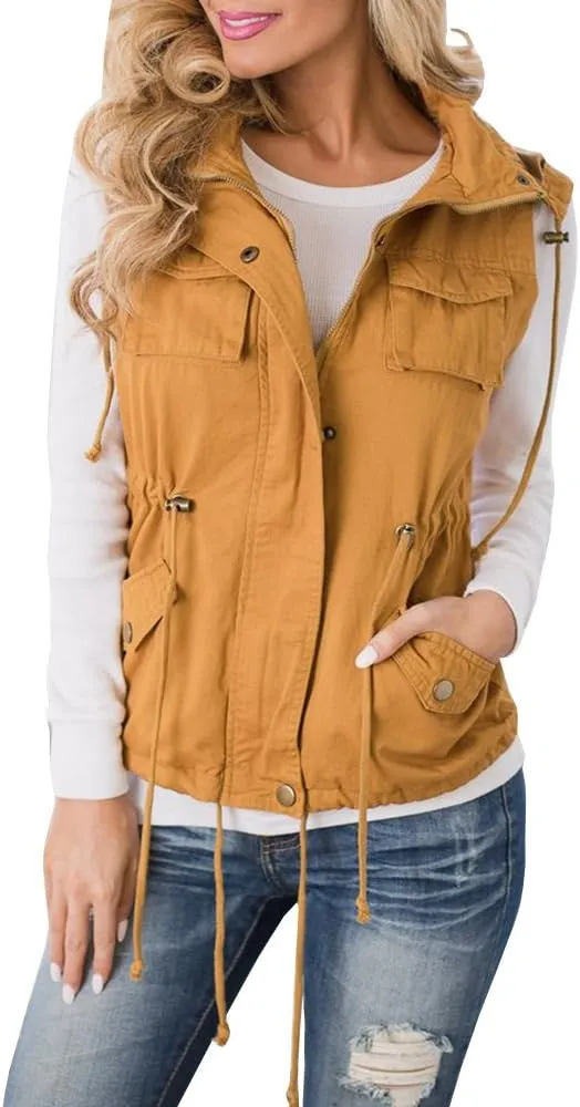 Tutorutor Womens Military Safari Camo Vest Utility Lightweight Sleeveless Hooded Drawstring Jackets with Pockets