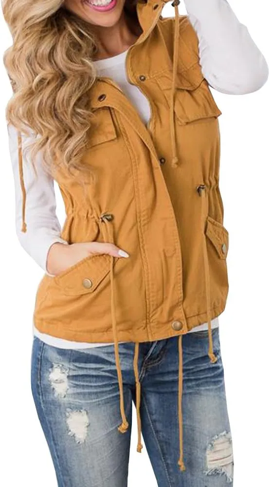 Tutorutor Womens Military Safari Camo Vest Utility Lightweight Sleeveless Hooded Drawstring Jackets with Pockets