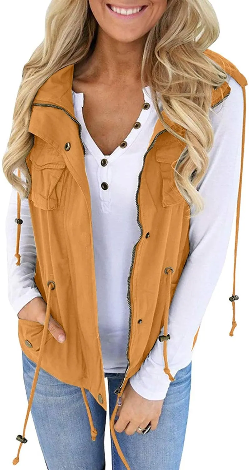 Tutorutor Womens Military Safari Camo Vest Utility Lightweight Sleeveless Hooded Drawstring Jackets with Pockets