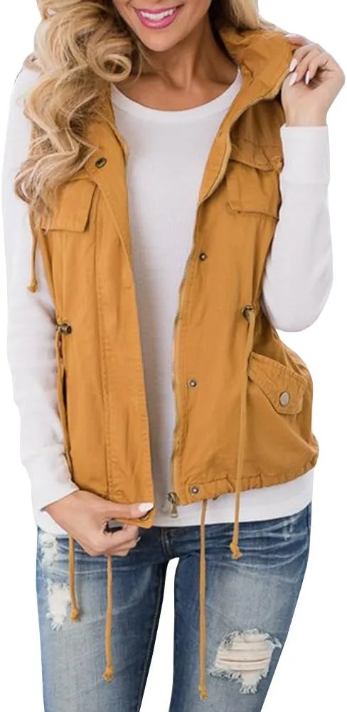 Tutorutor Womens Military Safari Camo Vest Utility Lightweight Sleeveless Hooded Drawstring Jackets with Pockets