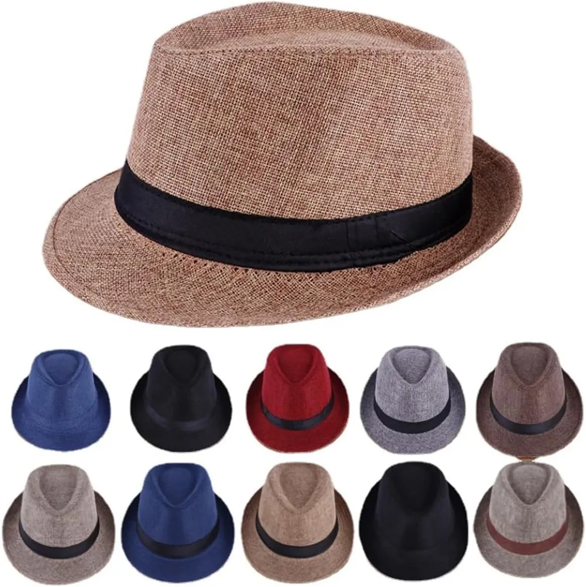 Unisex Linen Fabric Fedora Hat Short Brim Beach Panama Trilby Hats Panama Jazz Cap Hat Summer Sun Travel Hat for Men Women