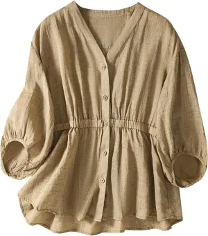 V Neck Linen Tshirts for Women Summer Fall 3/4 Dolman Sleeve Relaxed Fit Long Basic Tee Shirt Tops Women 2025 FN