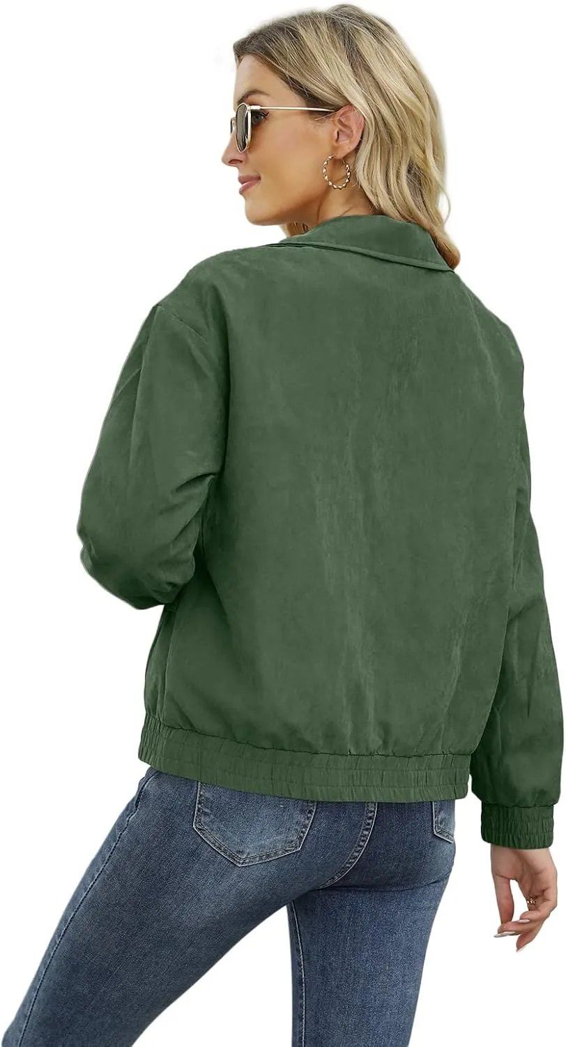 Valpweet Women'S Bomber Jacket Zip Up Casual Sweatshirts Jackets Long Sleeve Lightweight Loose Outwear