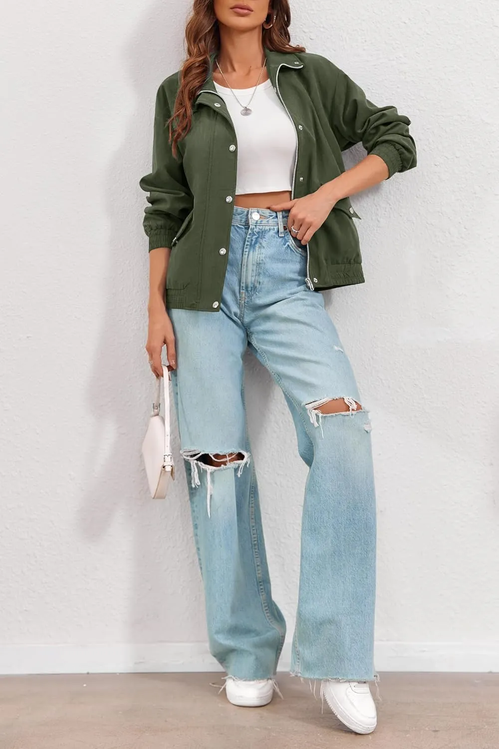 Valpweet Women'S Bomber Jacket Zip Up Casual Sweatshirts Jackets Long Sleeve Lightweight Loose Outwear