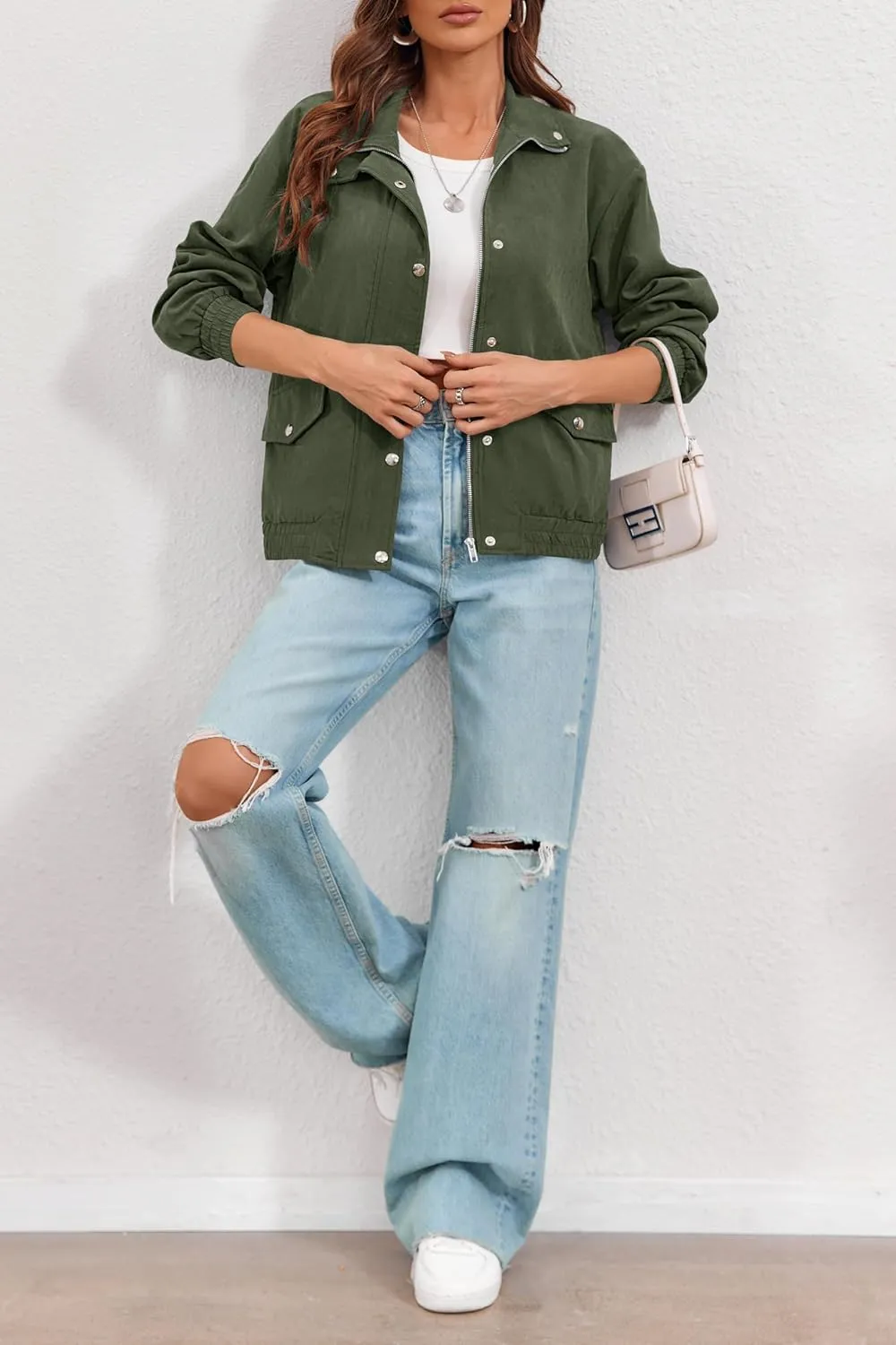 Valpweet Women'S Bomber Jacket Zip Up Casual Sweatshirts Jackets Long Sleeve Lightweight Loose Outwear
