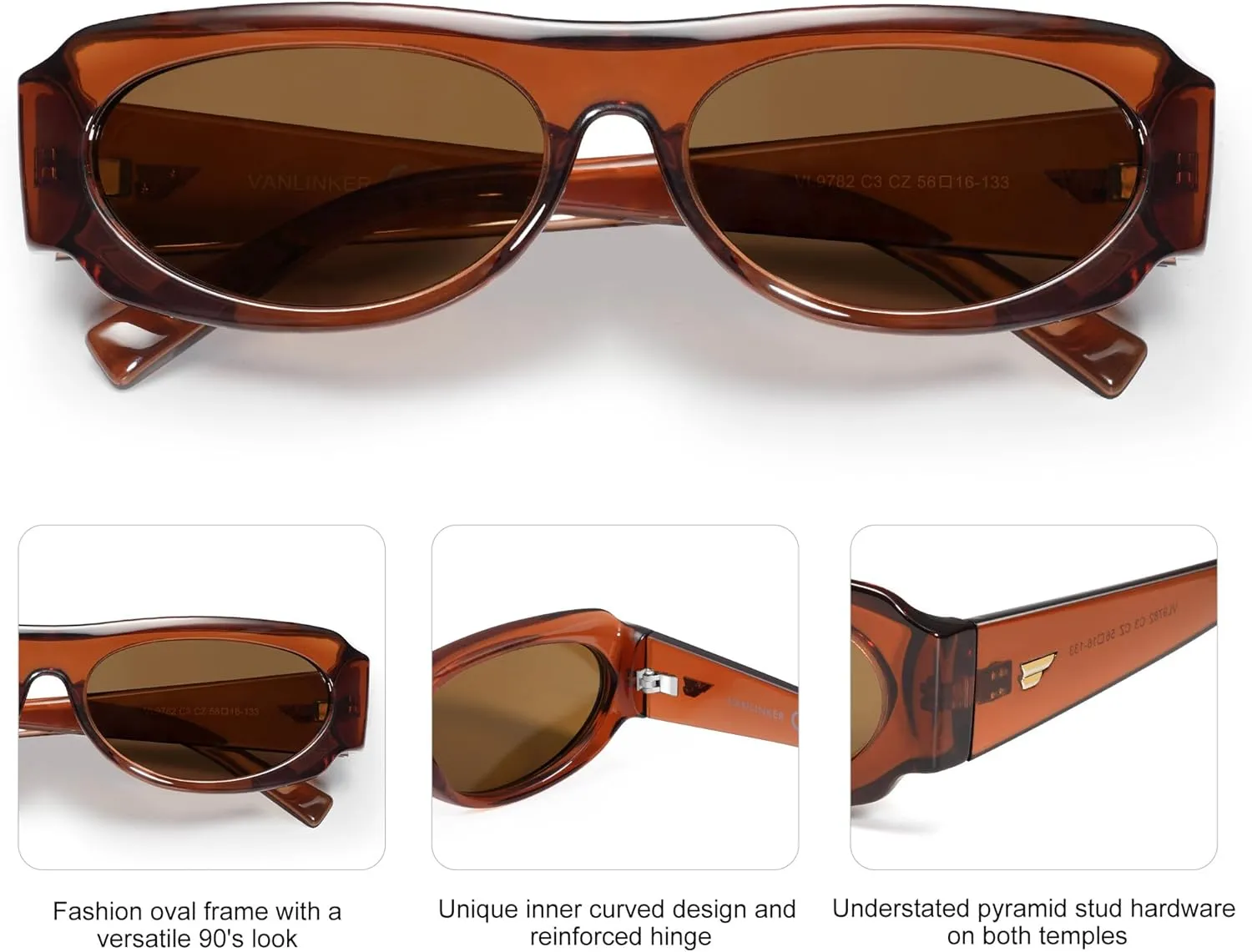 VANLINKER Trendy Retro 90s Sunglasses Womens Mens Vintage Oval Frame Polarized Small Shades VL9782