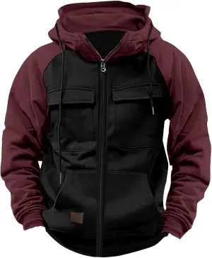 Vintage Hoodies For Men Military Workout Casual Cargo Pullover Coat Full Zip Hooded Outfit Tops Heavy Weight Jacket