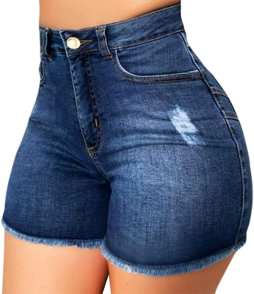WABEOR High Waisted Jean Shorts Women Plus Size Stretchy Denim Shorts Casual Summer Skinny Hole Ripped Jeans Shorts