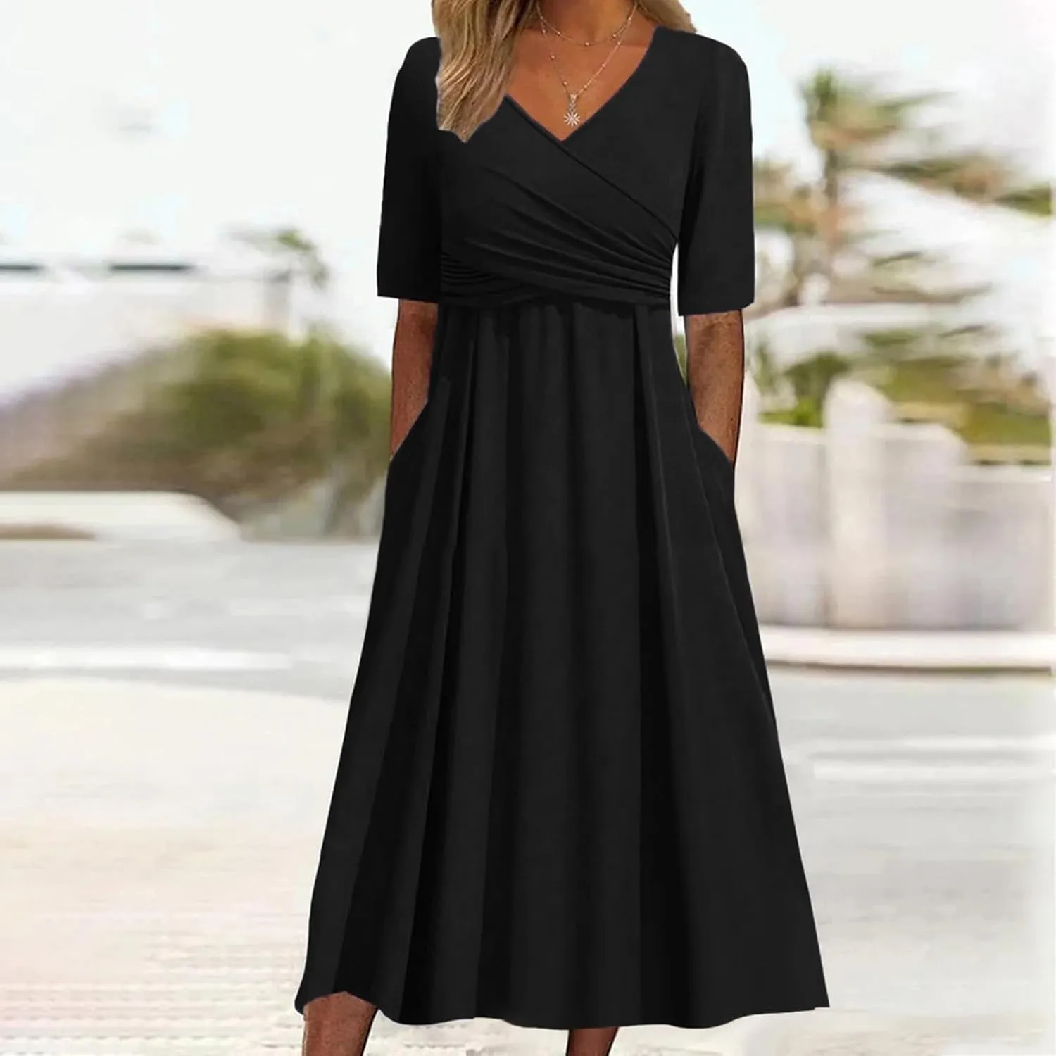 Wedding Guest Maxi Long Dresses for Women 2025 Trendy V Neck Short Sleeve Tshirt Dress Summer Beach Vacation Sundress