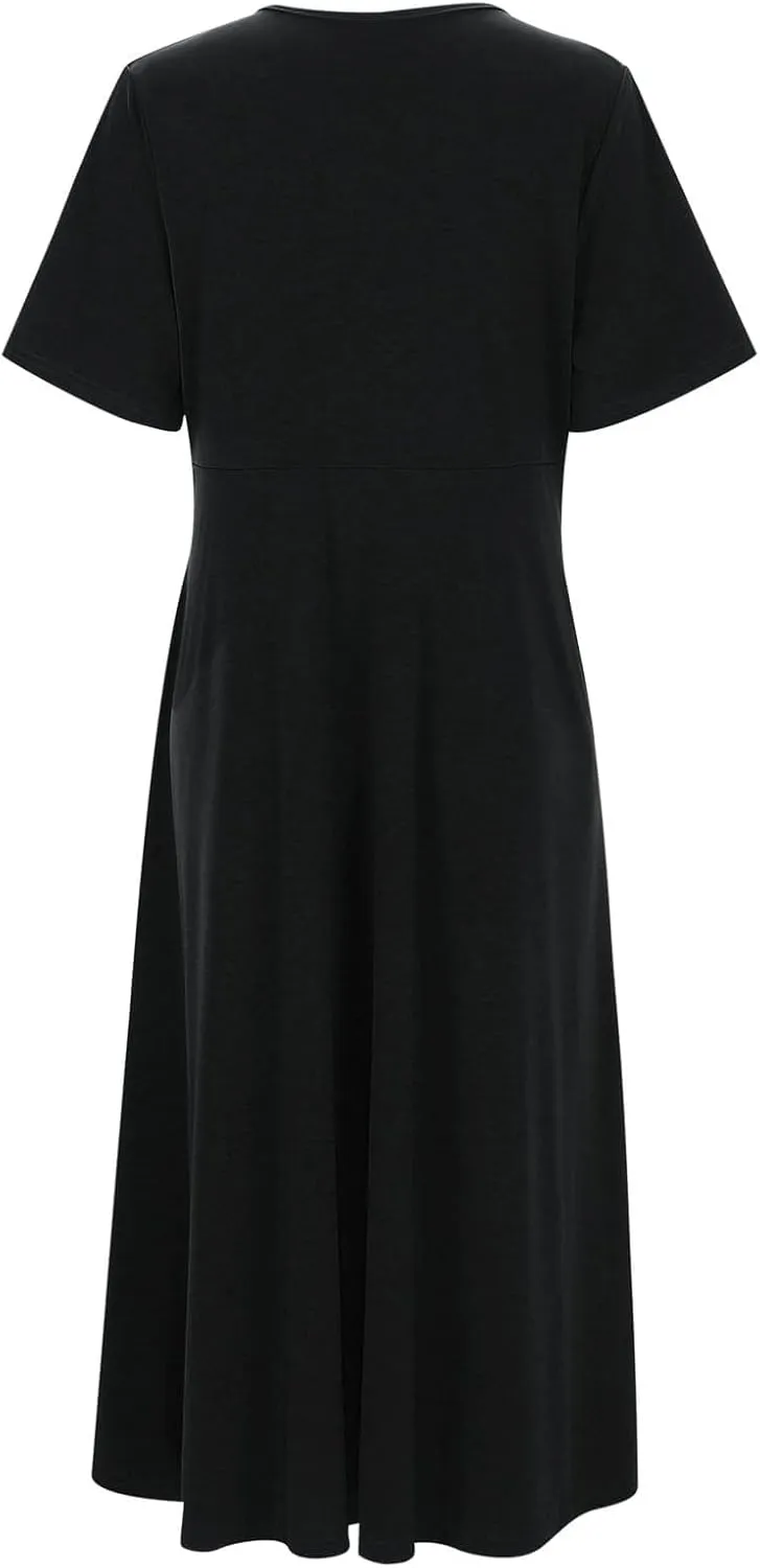 Wedding Guest Maxi Long Dresses for Women 2025 Trendy V Neck Short Sleeve Tshirt Dress Summer Beach Vacation Sundress