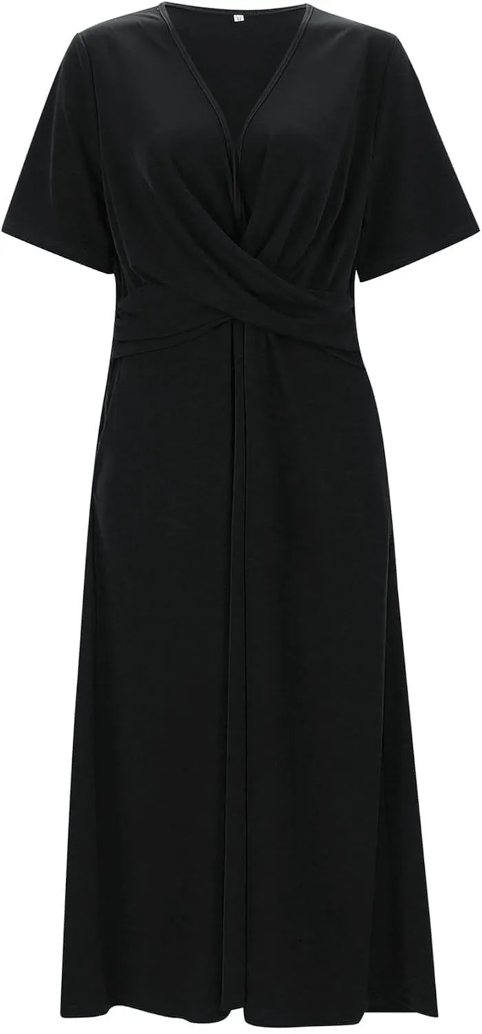 Wedding Guest Maxi Long Dresses for Women 2025 Trendy V Neck Short Sleeve Tshirt Dress Summer Beach Vacation Sundress