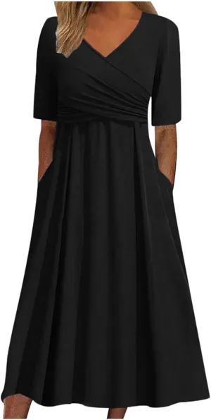 Wedding Guest Maxi Long Dresses for Women 2025 Trendy V Neck Short Sleeve Tshirt Dress Summer Beach Vacation Sundress