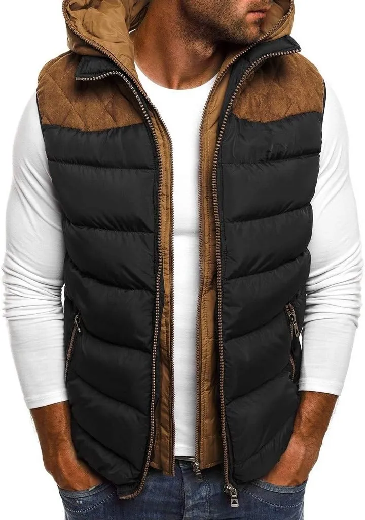 WENKOMG1 Mens Quilted Vest,Zip Up Hooded Waistcoat Warm Cozy Puffer Vest Solid Comfy Sleeveless Outerwear