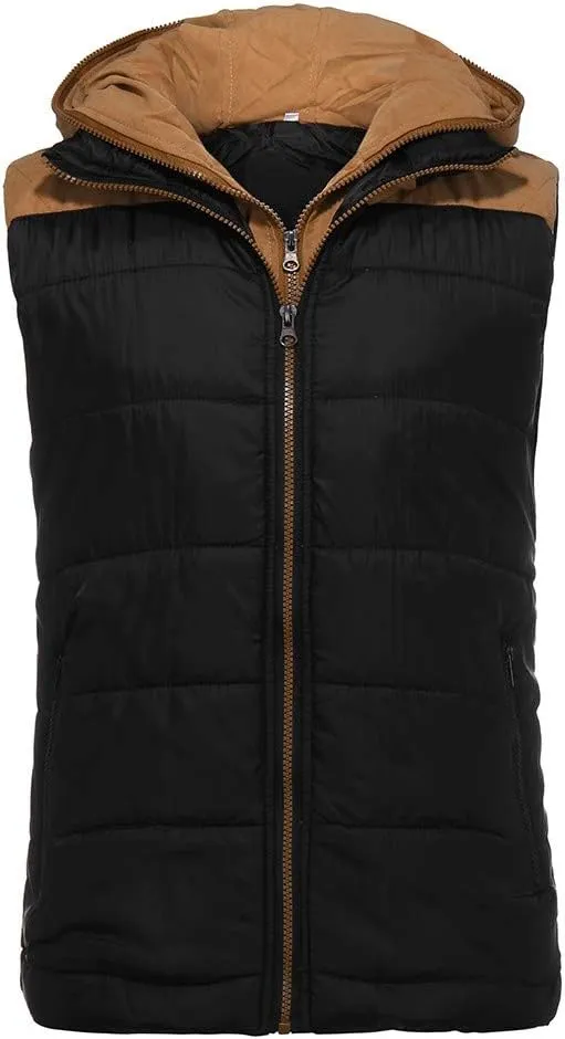 WENKOMG1 Mens Quilted Vest,Zip Up Hooded Waistcoat Warm Cozy Puffer Vest Solid Comfy Sleeveless Outerwear