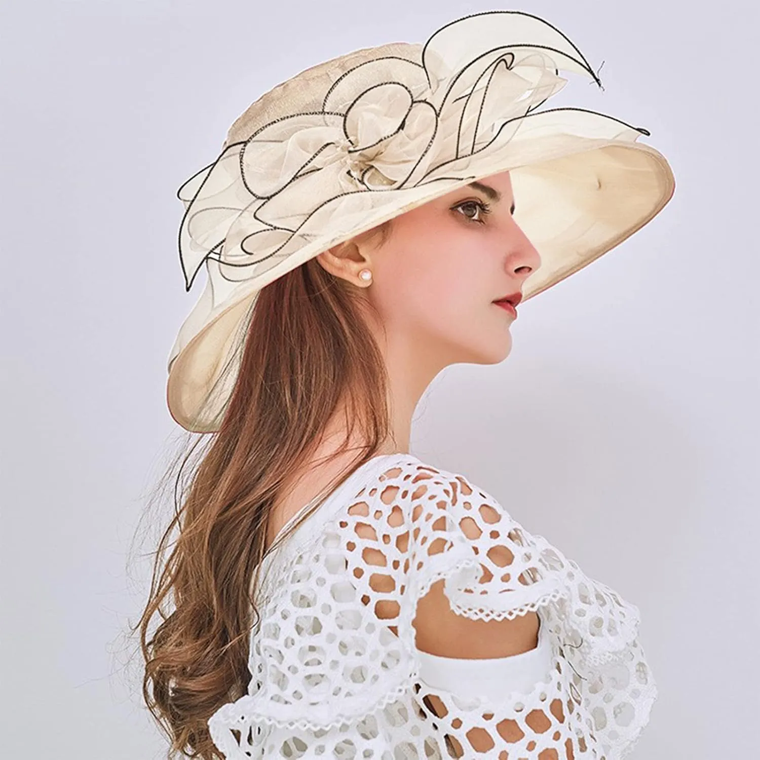 Wide Brim Organza Hat Dress Hat for Women Lady Tea Party Kentuck𝚢-Derby Church Wedding Cap Tea Hat