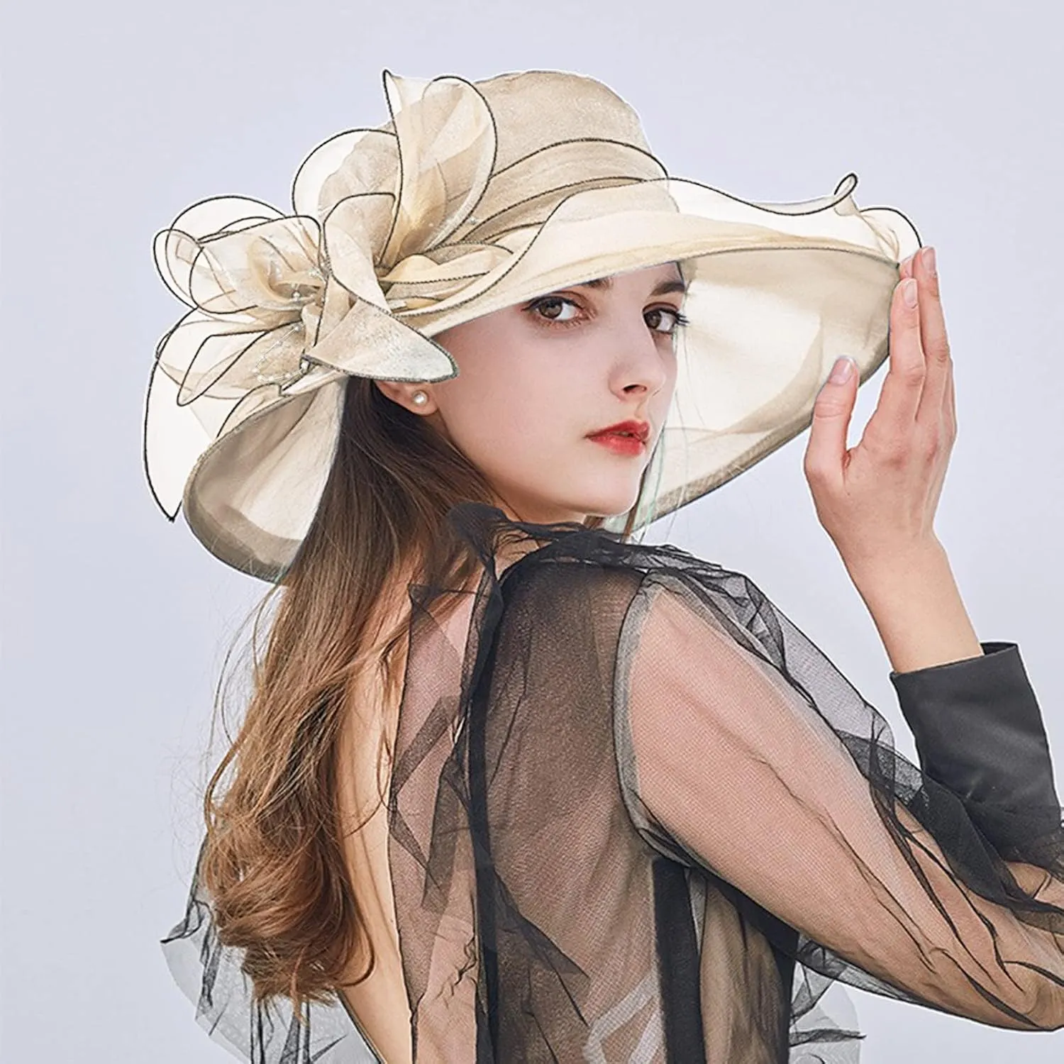 Wide Brim Organza Hat Dress Hat for Women Lady Tea Party Kentuck𝚢-Derby Church Wedding Cap Tea Hat