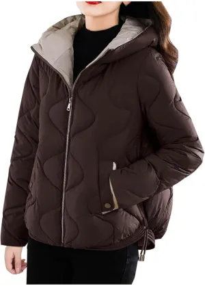Winter Coats for Women 2024 Quilted Long Sleeve Zip Hooded Short Down Jacket Coats Warm Baggy Lounge Puffer Outerwear