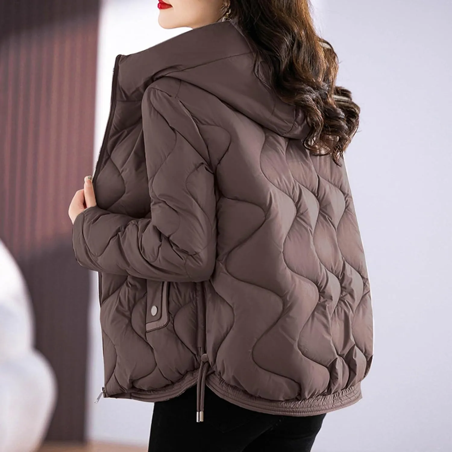Winter Coats for Women 2024 Quilted Long Sleeve Zip Hooded Short Down Jacket Coats Warm Baggy Lounge Puffer Outerwear