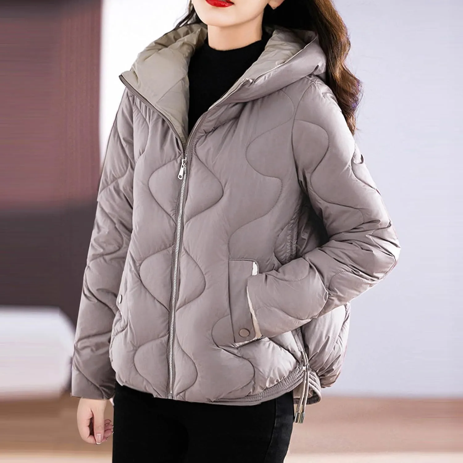 Winter Coats for Women 2024 Quilted Long Sleeve Zip Hooded Short Down Jacket Coats Warm Baggy Lounge Puffer Outerwear