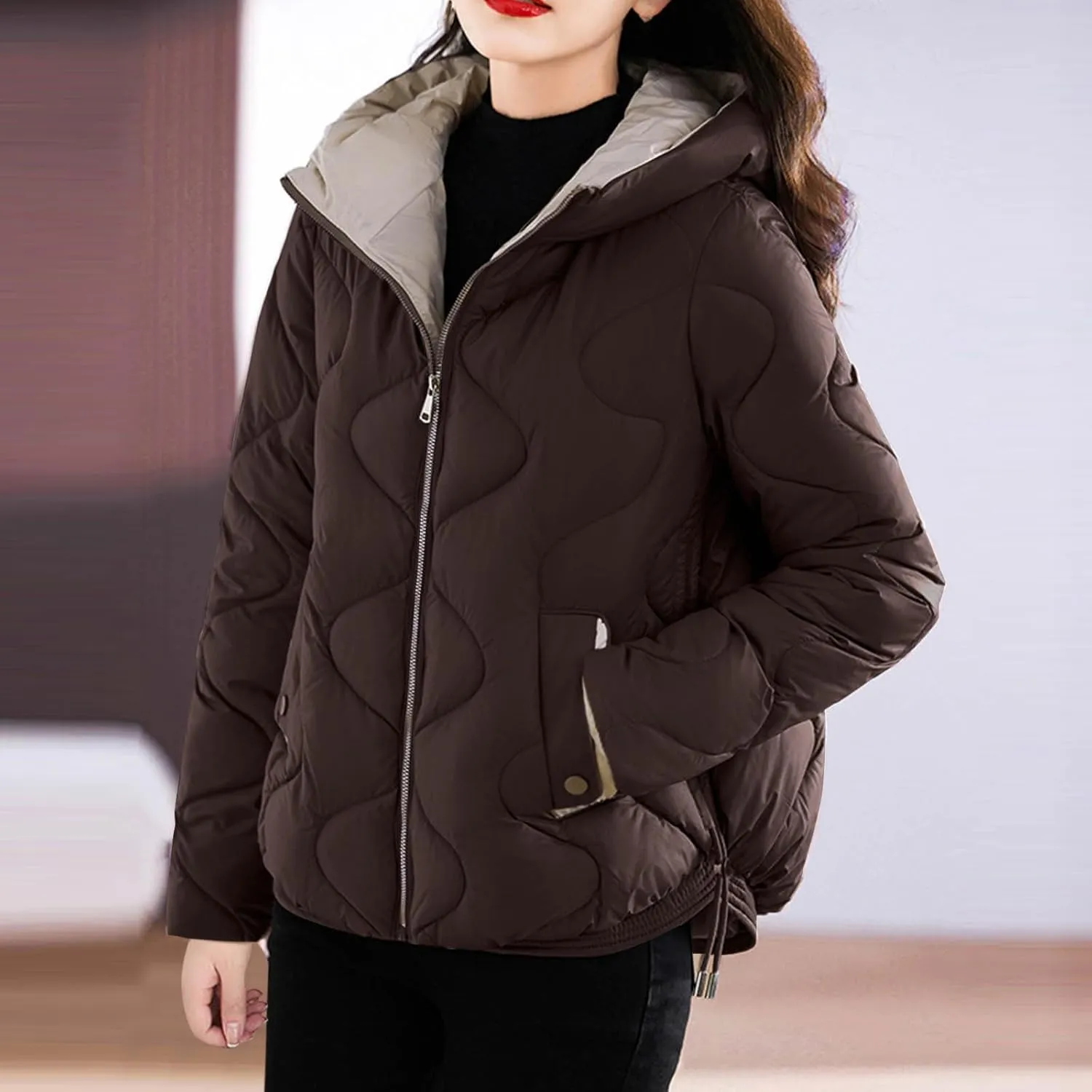 Winter Coats for Women 2024 Quilted Long Sleeve Zip Hooded Short Down Jacket Coats Warm Baggy Lounge Puffer Outerwear