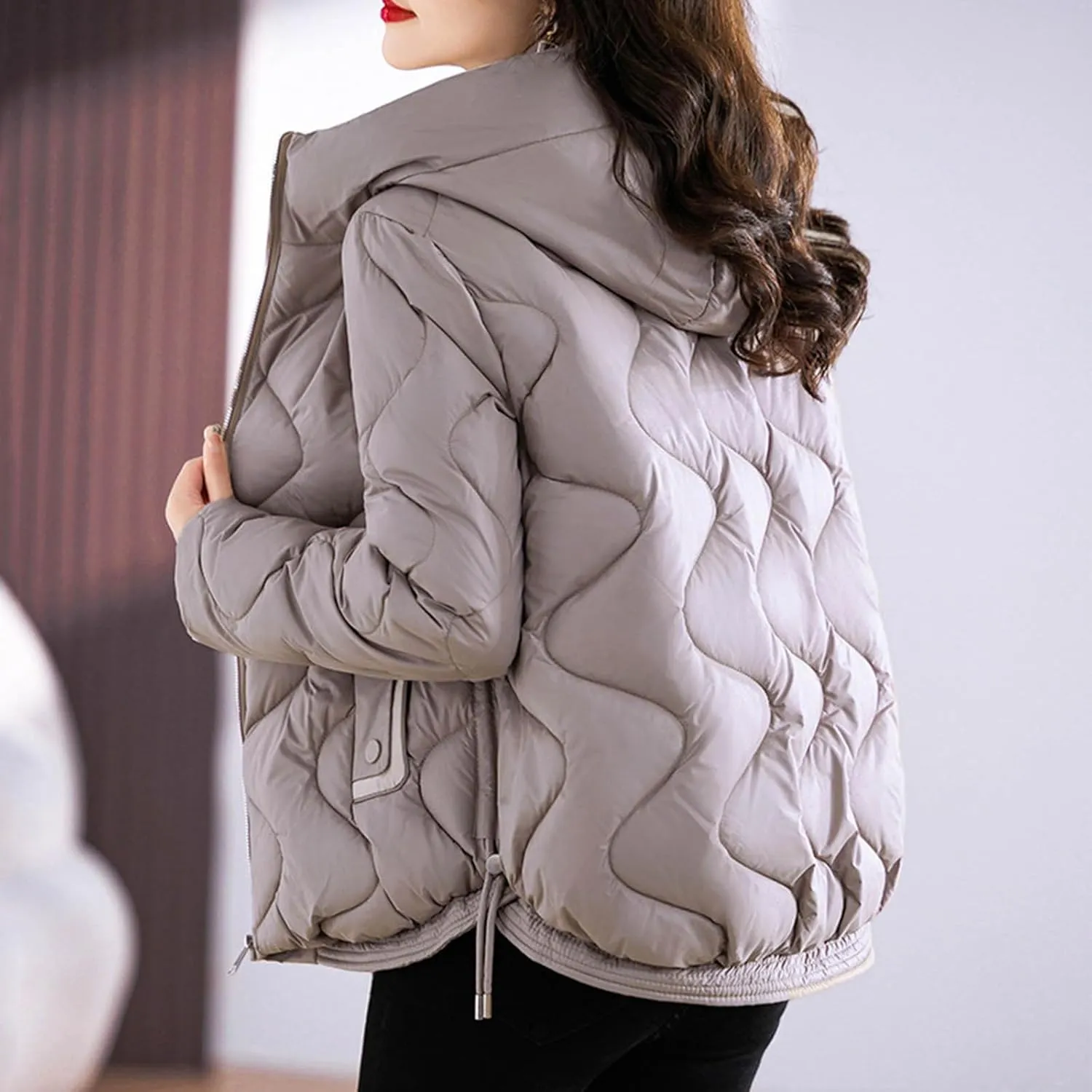Winter Coats for Women 2024 Quilted Long Sleeve Zip Hooded Short Down Jacket Coats Warm Baggy Lounge Puffer Outerwear
