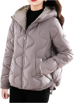 Winter Coats for Women 2024 Quilted Long Sleeve Zip Hooded Short Down Jacket Coats Warm Baggy Lounge Puffer Outerwear