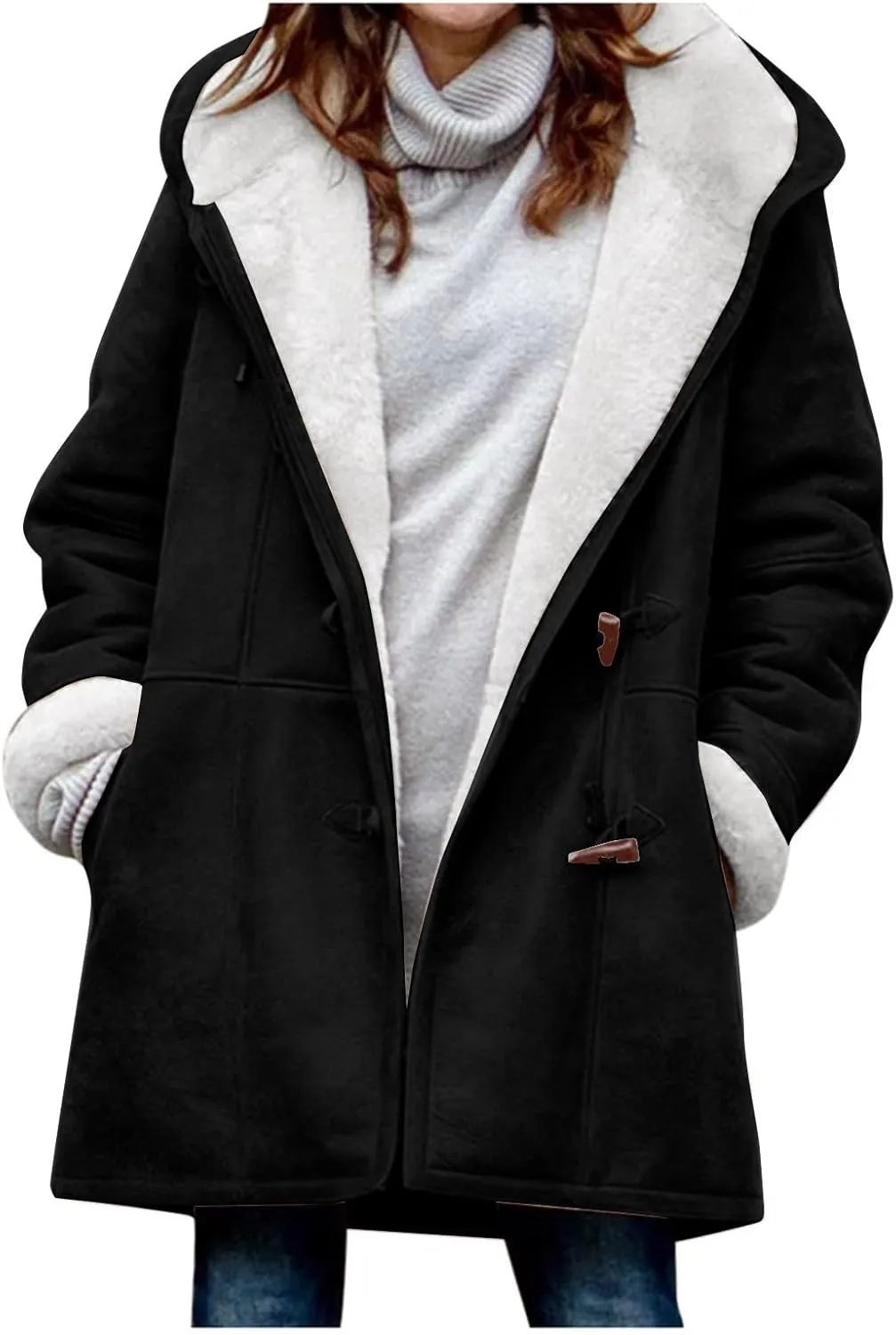 Winter Jackets for Women Warm Sherpa Fleece Lined Distressed Jackets Hooded Parka Faux Suede Pea Coat Outerwear