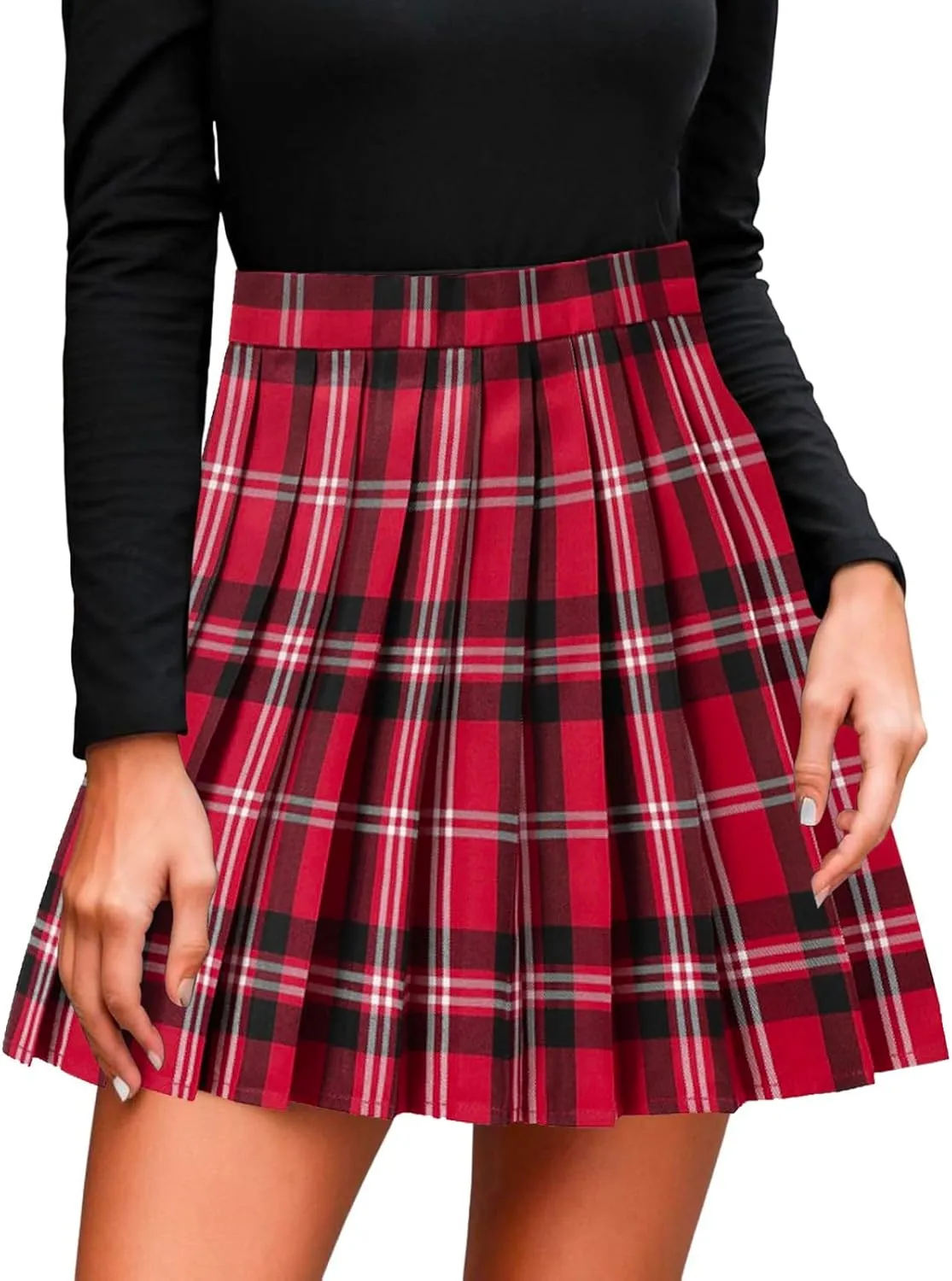 Woman Mini Skirts Women's Casual Plaid Print High Waist Pleated A Line Mini Skirt Fashion Teen Girls Cute Skirt