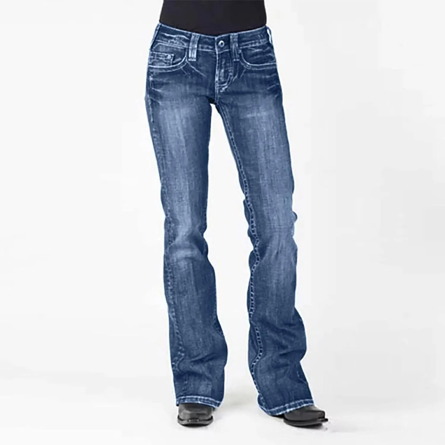 Women Curvy Bootcut Jeans Mid-Rise Stretch Juniors Jeans Regular Fit Flare Denim Pant Business Office Trousers Slacks