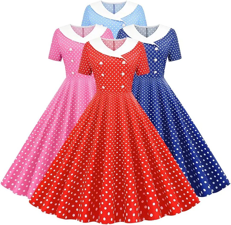 Women Double Breasted Notch Lapel 50s Vintage Short Sleeve Cocktail Swing Dress Polka Dot 1950s Rockabilly Prom Midi Dress