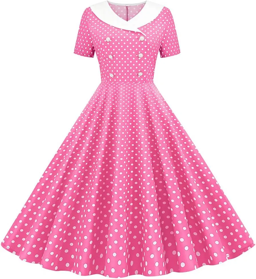 Women Double Breasted Notch Lapel 50s Vintage Short Sleeve Cocktail Swing Dress Polka Dot 1950s Rockabilly Prom Midi Dress