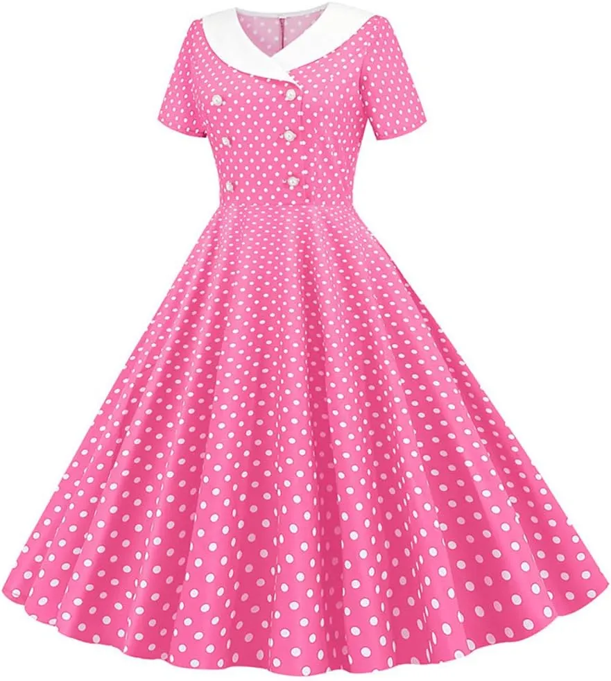 Women Double Breasted Notch Lapel 50s Vintage Short Sleeve Cocktail Swing Dress Polka Dot 1950s Rockabilly Prom Midi Dress
